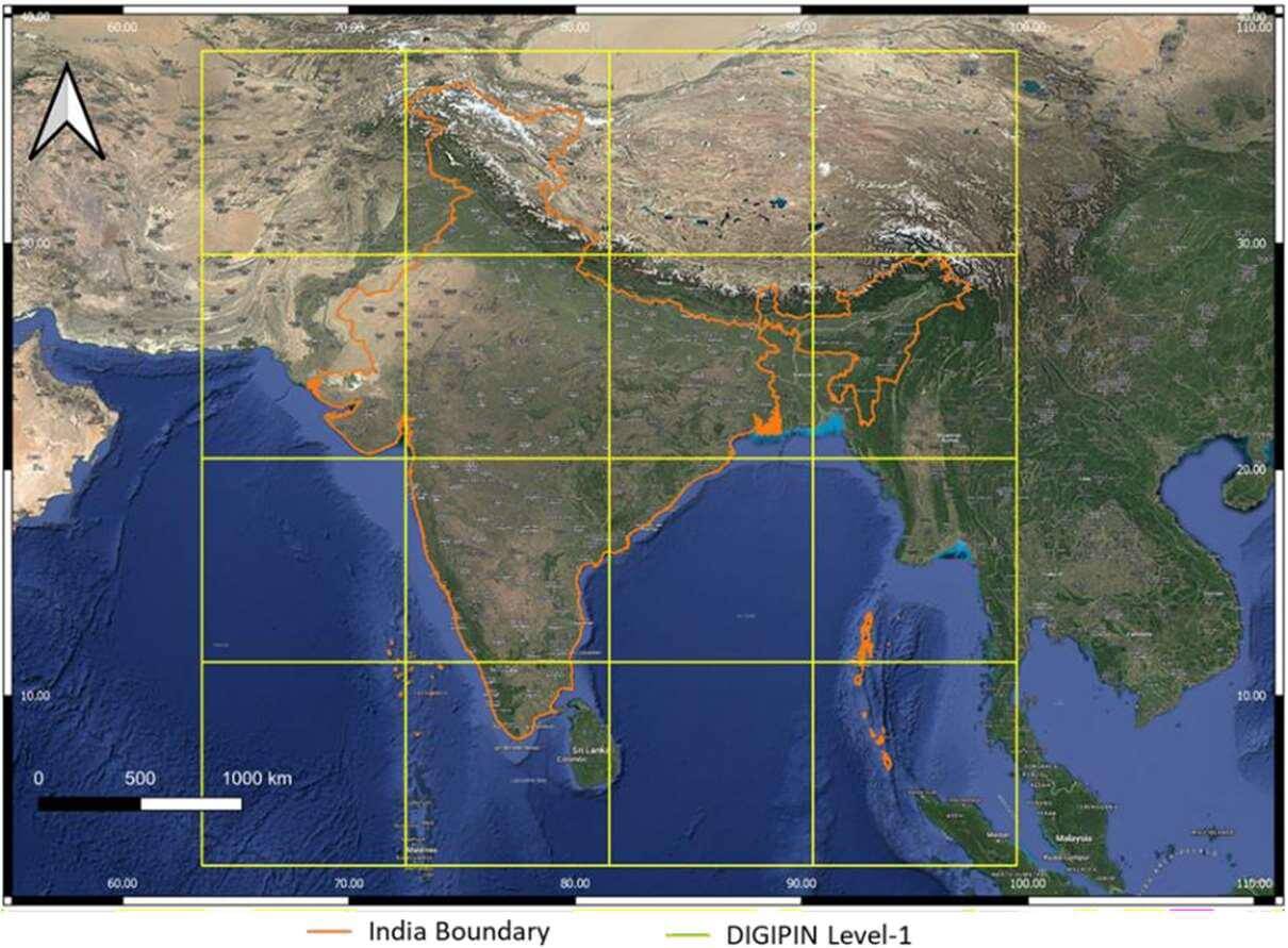 Figure 1: DIGIPIN level-1 grid lines (yellow) overlaid over the Indian region showing the extent of DIGIPIN bounding box